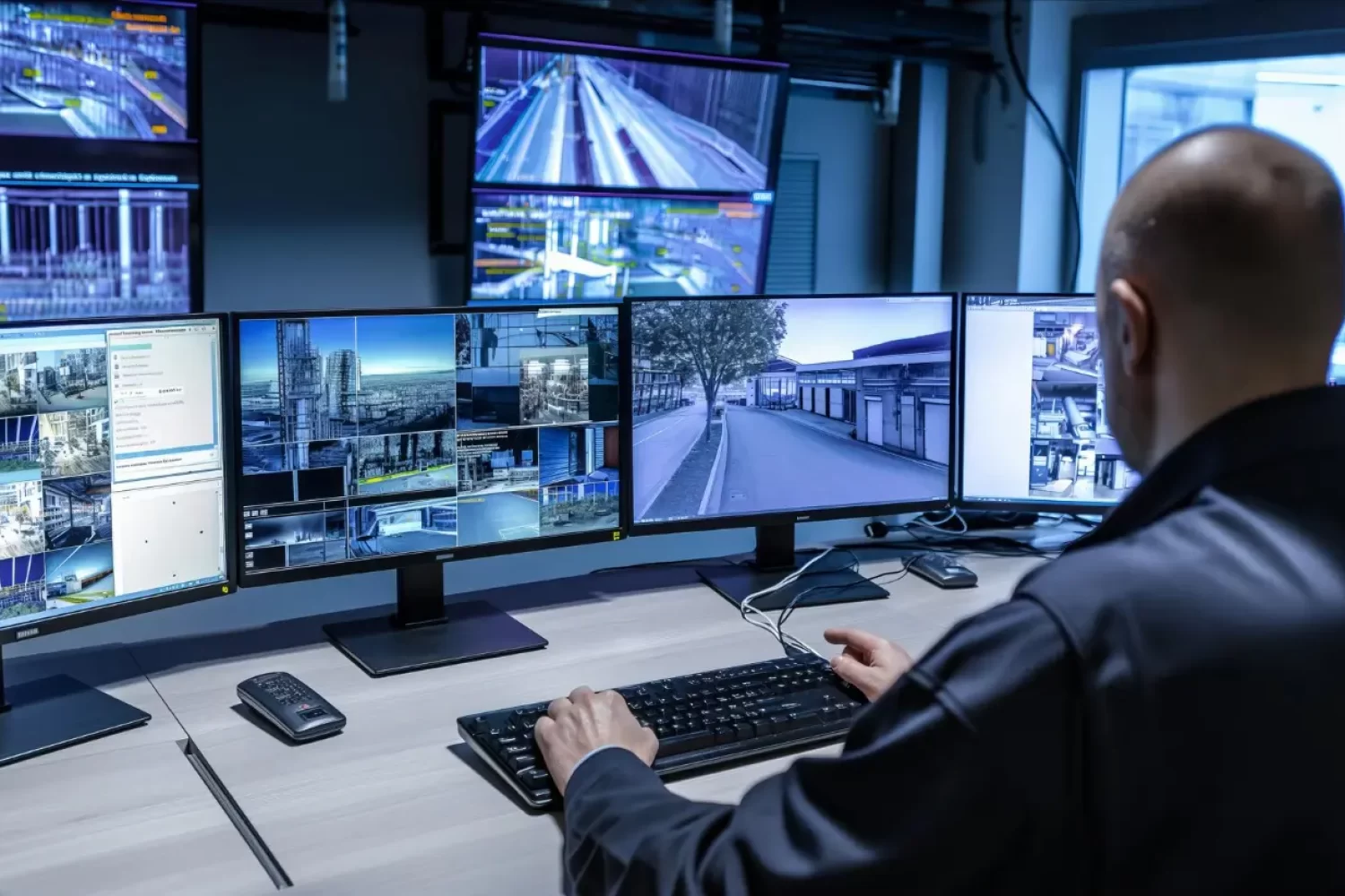Profissional de controle de segurança monitorando câmeras de vigilância em diversas áreas