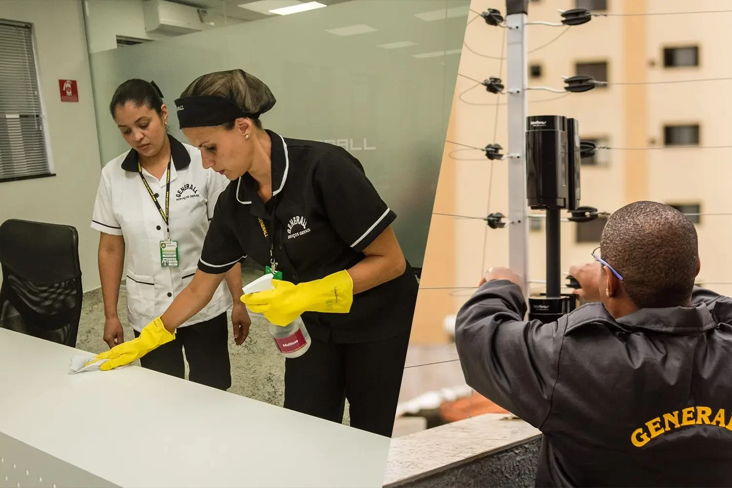 Equipe de profissionais de facilities, com equipamentos e produtos de limpeza e manutenção, ilustrando gerenciamento de facilities.