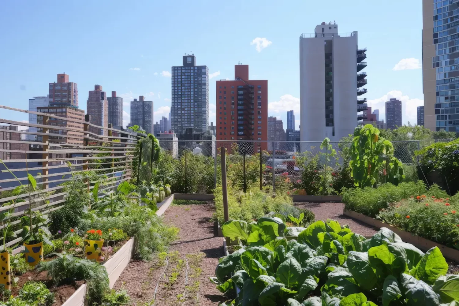 Horta comunitária em terraço de prédio, ilustrando ideias sustentáveis para condomínios.